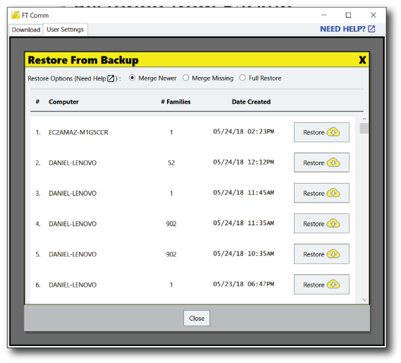 Backup restore screen